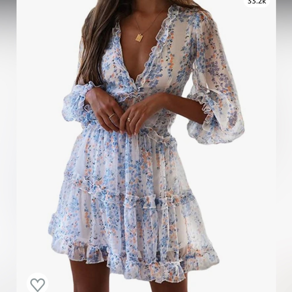 Womens Summer Deep V Neck Ruffle Long Sleeve Floral Print Mini Dress